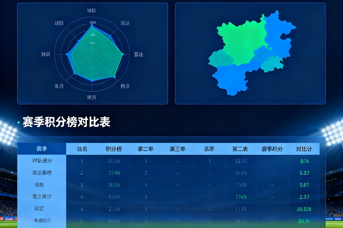 深度数据统计图表页面，展示球队攻防雷达图、球员热力图和赛季积分榜对比表
